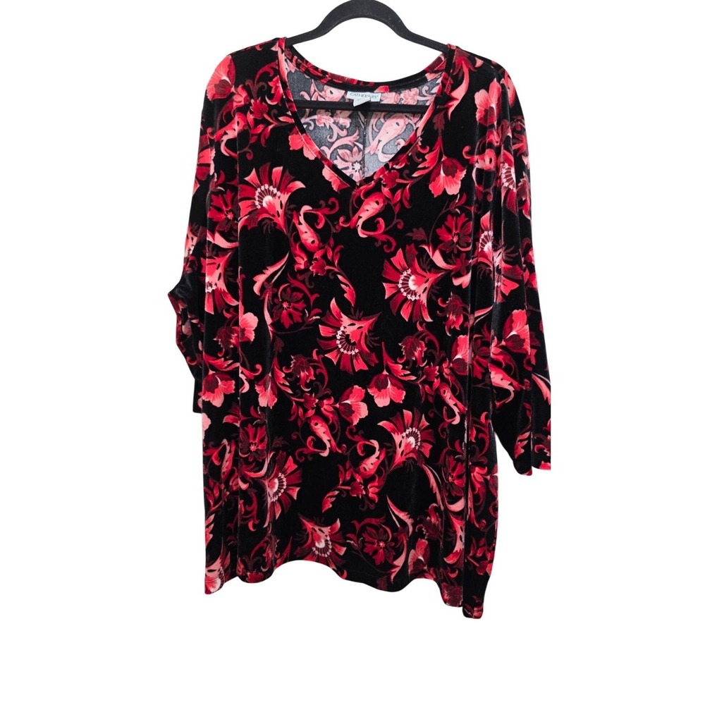Catherines Plus Size 4X 30/32W Black & Red Floral Velvet Stretch Tunic Top V-Nec